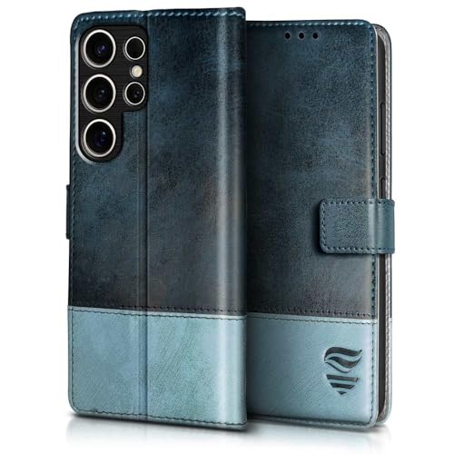 Image of FLIPPED Vegan Leather Flip Case Back Cover for Samsung Galaxy S25 Ultra 5G (Flexible, Shock Proof | Hand Stitched Leather Finish | Card Pockets Wallet & Stand | Blue with Aquamarine)