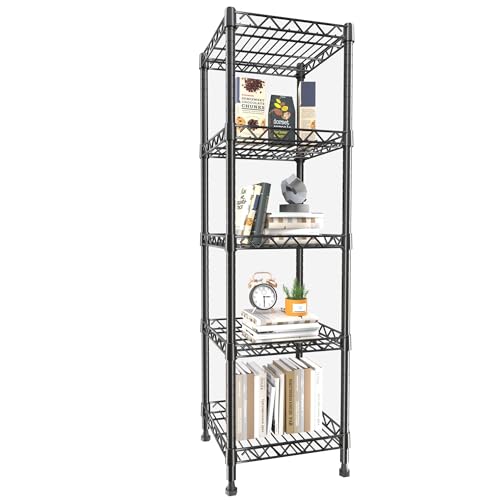 GIOTORENT 5 Tier Standing Shelving Metal Units, Adjustable Height Wire Shelf Display Rack for Laundry Bathroom Kitchen 11.8 W x 11.8 D x 50 H (5-Tier, Black)