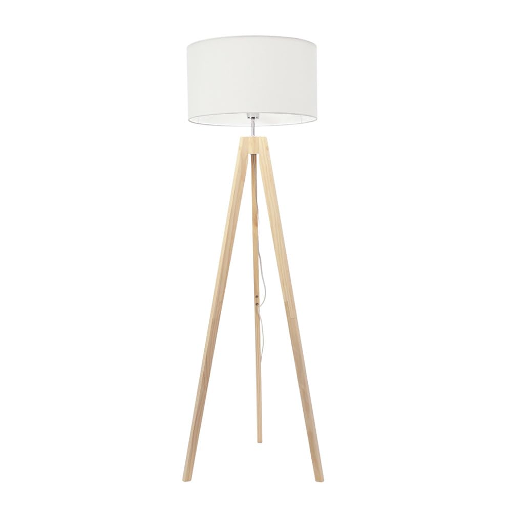 Valuelights Unisex White Jackson Natural Wood Tripod Floor Lamp W/ Fabric Lamp Shade & Led Bulb In