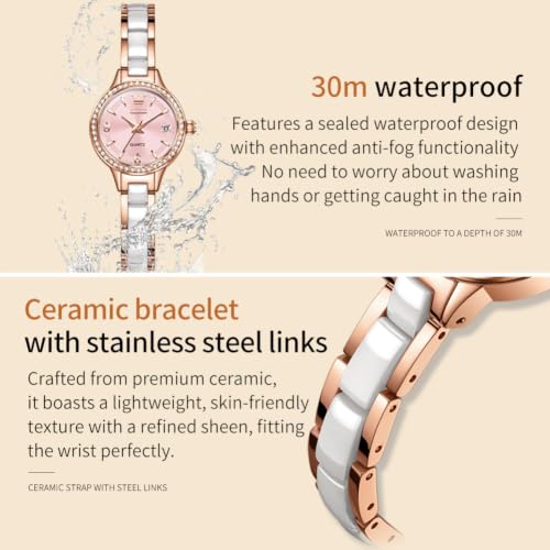 Image of OLEVS Women's Quartz Watches - Elegant Oval Diamond Dress Watch with Ceramic Band, 30M Waterproof Ladies Wrist Watch for Dress & Casual Wear (Rose Gold Blue /Red /Purple /White)