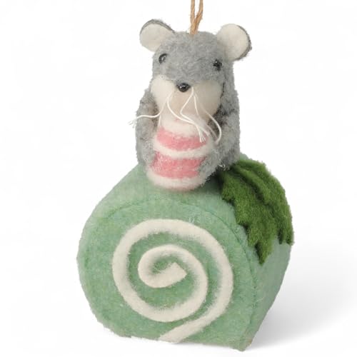 MIJOMA Fieltro colgante navideño con diseño de ratón sobre pastel, decoración para Navidad e invierno, estilo Skandi (rollo de bizcocho verde)