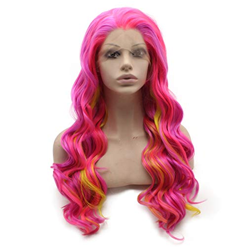 Mxangel Long Wavy Pink Yellow Colorful Lace Front Wig Half Hand Tied Heat Resistant Fiber Cosplay Synthetic Hair Wig