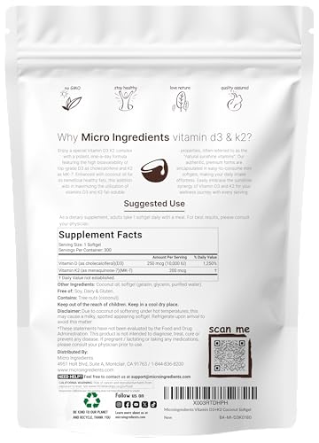 image for Micro Ingredients Vitamin D3 10,000 IU + K2 MK-7 200 mcg, 300 Softgels