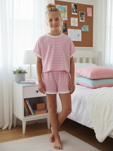 Image of Girls Summer Outfits Striped T-Shirt & Shorts Set for 5-14Y | Kids 2 Piece Clothing, Breathable Textured Tops and Bottoms with Pockets, Great for Casual Wear, School, Sports or Vacation