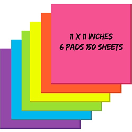Zubebe 6 Pads 11 x 11 Inch Large Sticky Notes Jumbo Bright Colors Sticky Notepads Self Stick Note Square Memo Post Stickies for Office School, 25 Sheets/pad