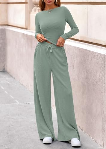 PRETTYGARDEN Matching Sets Women Clothing 2025 Fall Fashion Travel 2 Piece Lounge Sets Long Sleeve Crop Top Wide Leg Pants2