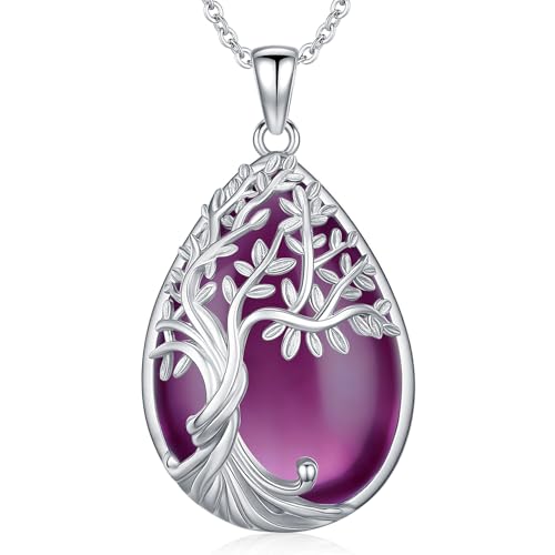 Odinstone Collar Árbol de la Vida Colgante en forma de Gota Árbol de la Vida Amatista Collar Familiar Joyas con Piedras Curativas para Mujer Regalos para Mamá e Hija