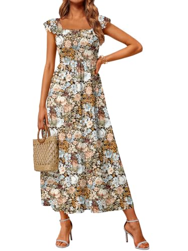 LILLUSORY Womens Spring Dress 2026 Summer Maxi Easter Sundress Sun Boho Vintage Baby Shower Square Neck Beach Vacation Cute Ruffle Smocked Teen Casual Brown Floral M