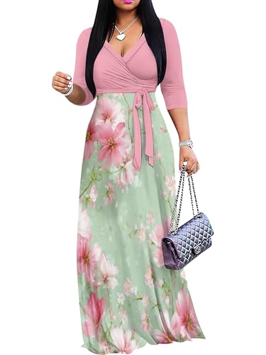 Image of PinkPatty Plus Size Maxi Dresses for Women Casual Flowy Long Dress 3 /4 Sleeve V Neck Wrap Dress with Belt