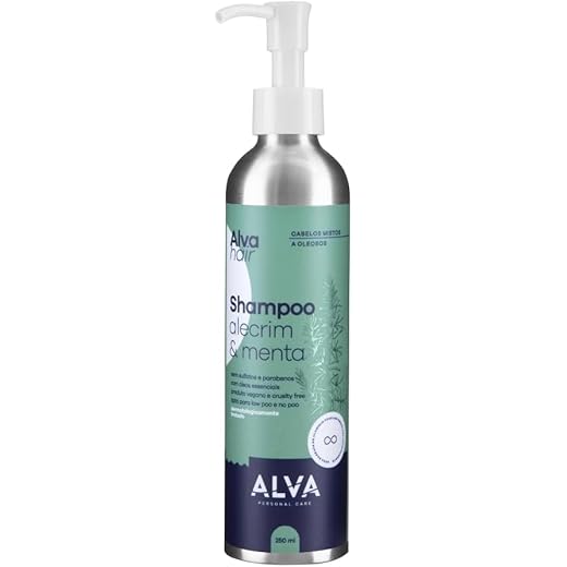 Shampoo Alva vegano e Natural, Com Óleos Naturais de Alecrim e Menta, Hidratação e Brilho, Sem Parabenos, Sem Sulfatos, Sem Silicone Alva 250ml