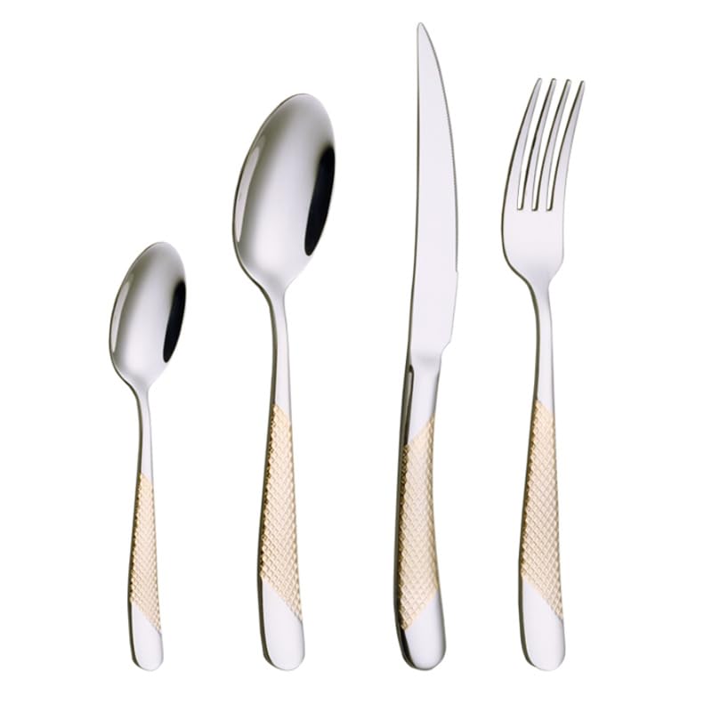 Ce Service de Couverts, composé de 4/16/24/32/40/48 pièces en Acier Inoxydable 304 (Couteau, Fourchette et cuillère), présente Un Manche doré épais et élégant. (48 pièces pour 12 Couverts)