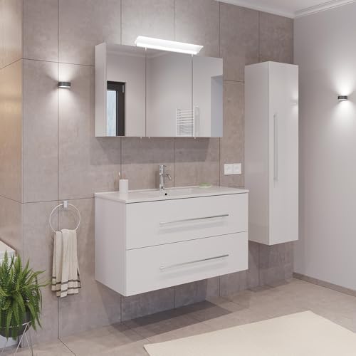 Lomadox Badezimmermöbel Badmöbel Set 2-teilig, Waschtisch Waschplatz 100cm breit mit Waschbecken, 2 Softclose-Schubladen und LED Spiegel, in weiß