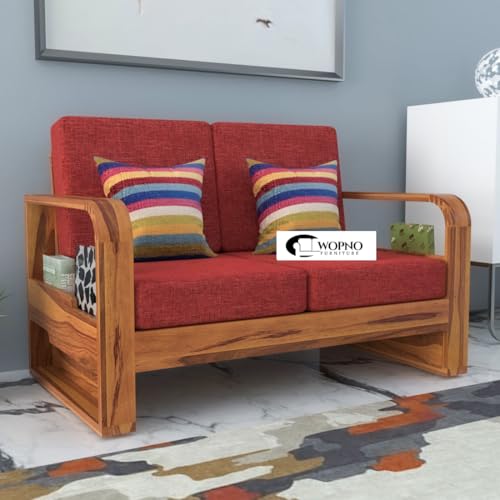 Image of Solid Sheesham Wooden 2 Seater Sofa for Living Room | Sofa with Side Pocket Storage & Cushion | Rosewood Sofa Set for Home & Office (Honey with Red Cushion, 2 Seater)