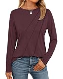 WNEEDU Damen Langarmshirt Lose Rundhals Pullover Damen Sweatshirt Oberteile Herbst Winter Casual Falten Tunika Tops Weinrot M