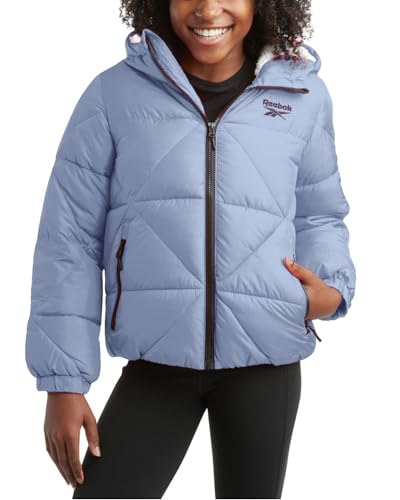 Image of Reebok Girls Heavyweight Quilted Cropped Puffer Parka with Sherpa Lining | Plush Faux-Fur Trim, Wind-Blocking Hood, Deep Pockets for Warm Hands, Modern Silhouette for School and Cold Days