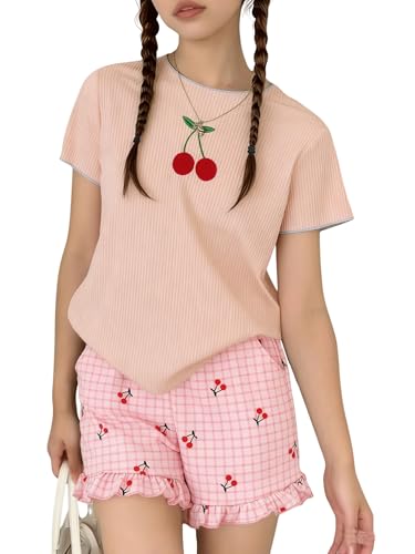 Image of Yoxindax Tween Girls Summer 2-Piece Outfit Set - Crew Neck Short Sleeve T-Cherry Print Shorts 7-14Y Summer Clothes