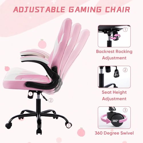 Image of OLIXIS Computer Gaming Desk Chair - Big and Tall Ergonomic Lumbar Support with Flip-up Armrest and 360 Swivel Wheels, PU Leather Height Adjustable, for Home and Office, Pink and White