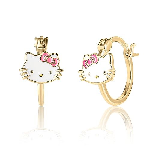 Sanrio Hello Kitty Womens Hoop Earrings - Sterling Silver and Enamel Hello Kitty Earrings Official License