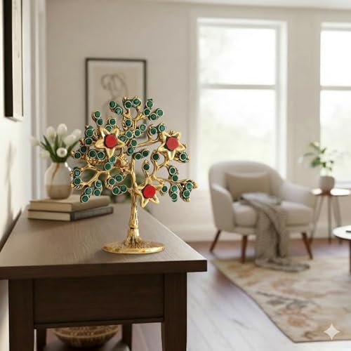 Image of Metal Kalpavriksha Tree for Home Decor - Golden Wish Fulfilling Tree Metal Showpiece for Temple, Vastu, Office Table & Gifting Banyan (No 1 Golden with Stone)