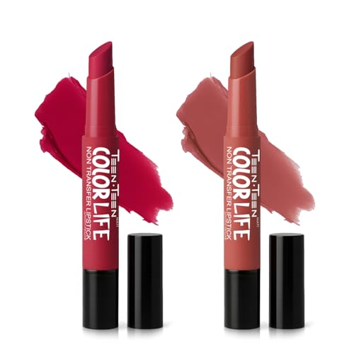 Image of TEEN TEEN Color Life Nontransfer Crayon Lipstick |Matte Finish with Built-in Primer |Waterproof & Long Lasting Lip Color |Smudge-Proof, Fade-Resistant Formula |Combo Color (Magenta, Coral Pink)