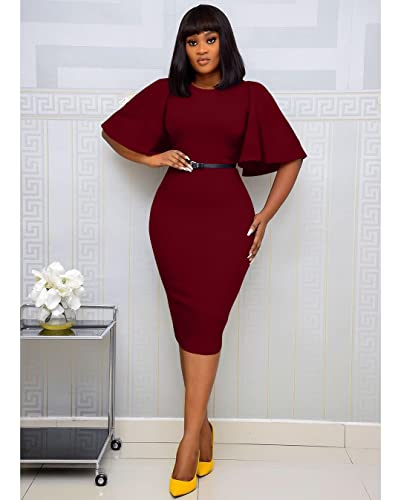 Image of Memoriesea Women's Basic Bodycon Ruffle Flared Short Sleeve Pencil Midi Dress