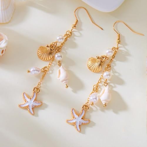 Boho Cute Seashell Starfish Conch Drop Dangle Earrings for Women, Charm Small Sea Shell Pearl Long Dangling Earrings Beach Holiday Party Jewelry Gifts4