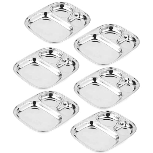 Image of Pack of 6 3In1 Stainless Steel Plates with Compartments /Tiffin /Idli Sambhar /Partition /Breakfast Plate /Steel for Lunch /Dinner (Set of 6 - Big)