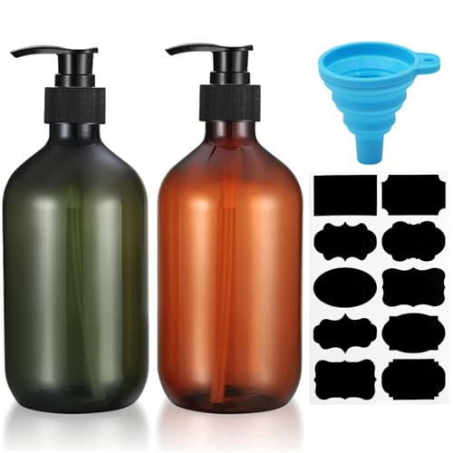 2 Pcs Pump Bottle Dispenser 500ML/17oz Refillable Empty Press Pump Bottles Plastic Liquid Soap Dispenser Storage Holder Container for Liquid Soap Lotions Shampoo with Funnel Label Paper(Brown/green)