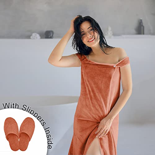 Image of Sassoon Venir Microfiber 450 Tc Bath Wrap Towel With Slippers For Women (Pack Of 1) - Rust Color