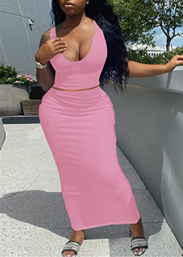 Image of Women Sexy Two Piece Skirt Outfits Long Sleeve /Sleeveless V Neck Bodycon Ribbed Knitted Maxi Club Party Dress