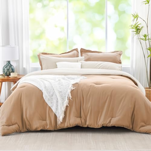 Kozyhvn King Size Comforter Set Khaki Bedding Set, 7 Pieces Soft Bed in a Bag with Comforter, Sheets, Pillowcases & Shams, All Season Boho King Bed Set