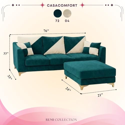 Image of Juliet 4 Seater L Shape Sofa Set with Movable Ottomans | Flexible Layout | Rich Velvet Suede Fabric | Silver Legs | Dual Tone Modern Sofa for Living Roomn(Green Teal-Cream)