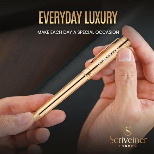 Image of Scriveiner Personalized Gold Ballpoint Pen - Stunning Luxury Pen, Real Gold Plating, Schmidt Ink Refill, Best Engraved Ball Point Gift Set for Men & Women, Custom Name Engraving
