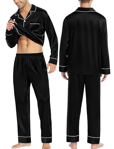 SWOMOG Couples Matching Pajamas Sets Women & Men Silk Satin Long Sleeve Button Down Sleepwear 2 Pcs Classic Loungewear Women Black XX-Large3