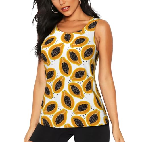 Débardeur pour femme, coupe sèche, pour la gym, l'athlétisme, la course à pied, l'entraînement – Motif papaye – Orange, noir, Taille XL