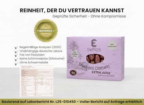 EXPRES- Large Medjool Datteln 1kg - Extra saftig & Groß (Premium Auswahl) - Frische Ernte 2025/26 aus Ägypten- Naturrein ohne Zuckerzusatz – vegan, ideal für Snacks & Rezepte – Perfekte Energiequelle