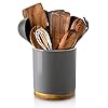 Nucookery 360° Rotating Utensil Holder, 7.2" Large Utensil Crock, White Ceramic Cooking Utensil Organizer with Countertop-Protection Cork Bottom for Farmhouse Kitchen Decor Gift (Gray)