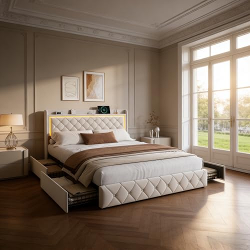 BRYXR Lit Double 160x200 avec Sommier et 4 Tiroirs, Cadre de Lit en Velours avec Tête de Lit de Rangement, Ports USB/Type C et Éclairage LED, Structure...