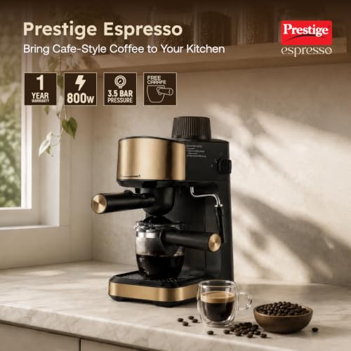 Image of Prestige Espresso 800W Coffee Maker Black and Gold|Detachable Drip Tray|Built-In Milk Frother|1 Year Warranty