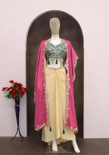 Image of Lehenga Choli Indo-Western Draped Set For Womens And Girls Ready To Weear Hevay Crep Silk Fabric With Work Multi Thread Embroidery Coding wedding indowestern Three piech Purple