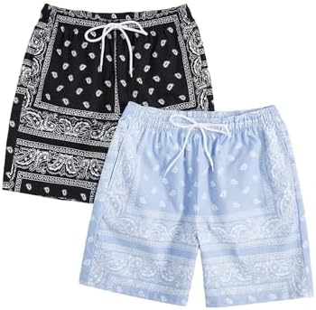 Floerns 2 Pack Men&#39;s Boho Drawstring Waist Paisley Print Summer Beach Shorts