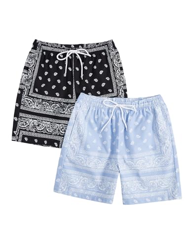Floerns 2 Pack Mens Boho Drawstring Waist Paisley Print Summer Beach Shorts Black & Light Blue Small