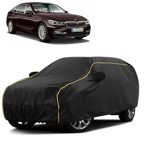 Image of Sulfar 100% Water Resistant Car Body Cover Compatible with Mirror for BMW 6 Series (Triple Stitched, Full Bottom Elastic, Black Taffeta with Yellow Piping)