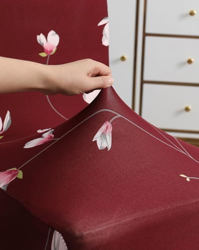 Image of Gifts Island Polyester Floral Print Dining Table Chair Cover Set of 6 Seater Stretchable Washable Chair Seat Slipcover (Maroon Floral)