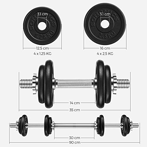 SONGMICS 2-in-1 Dumbbells Set, 2 x 10 kg Cast Iron Adjustable Weights, with Extra Steel Barbell Bar, Fitness Training, Weight Lifting, at Home Gym, Black SYL20LBKV1