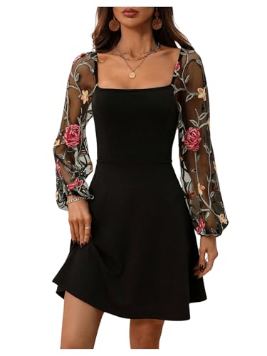 Image of Floerns Women's Floral Mesh Bishop Long Sleeve Square Neck Boho A Line Dresses