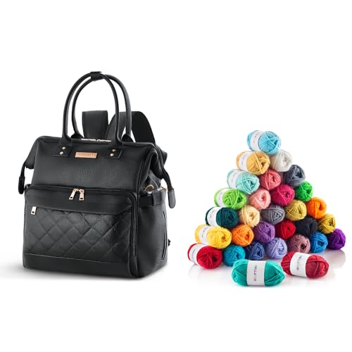 30x20g Acrylic Yarn Mini Skeins Set with Faux-Leather Yarn Storage Backpack