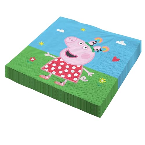 Party Factory 'Peppa Pig' 20 serviettes en papier, 12,9 x 12,9 pouces, colorées, 3 épaisseurs, serviettes jetables pour les anniversaires d'enfants ou les...