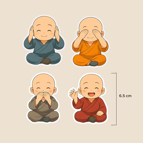 Image of Dia & Tia - Set of 4 Cute Monk Fridge Magnets - Spiritual Buddha Theme Decor for Fridge, Office, Meditation Corner, Metal Almirah - Peaceful Gift for Home