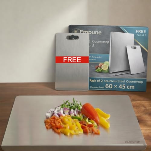 Image of Stainless Steel Countertop Chopping Board 60 x 45 cm | Free 31 x 21 cm Rectangular Chopping Board with Rubber Skid & Straw | Pack of 2